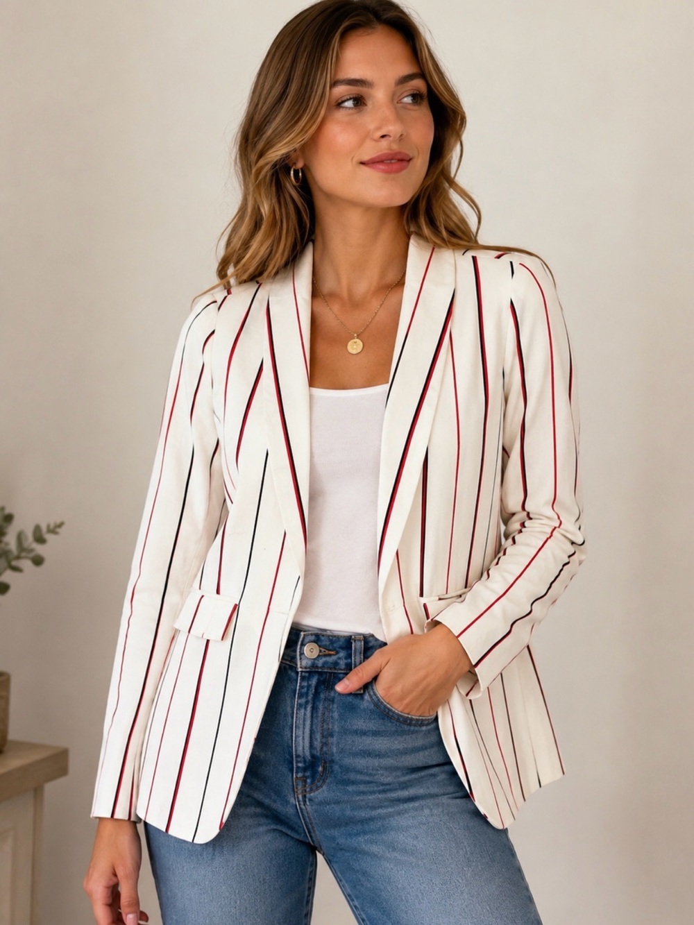 EsQualo Linen Blend Striped Blazer White Red Black Size 10
